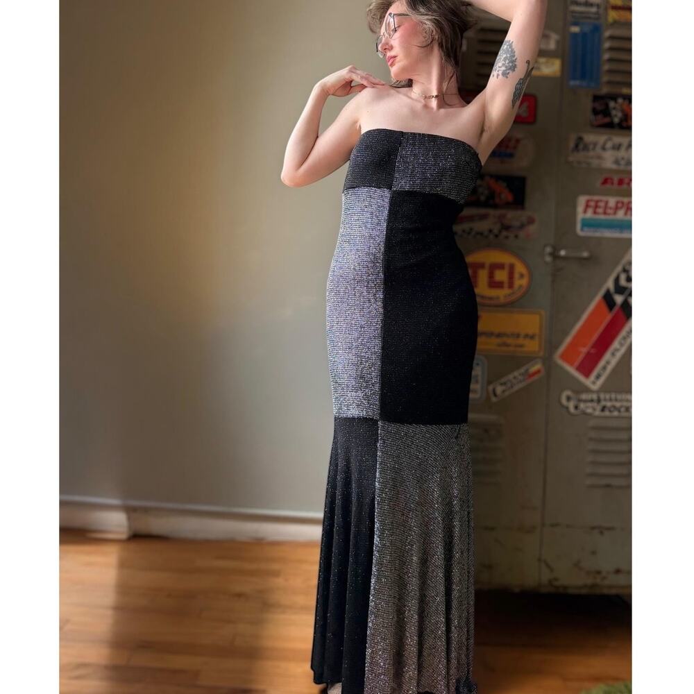 Vintage 90s Jessica McClintock Strapless Gown | Black Silver Lurex Mermaid Maxi